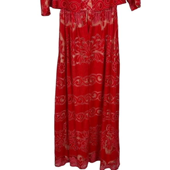 ERIN BY ERIN FETHERSTON JUDY CORAL RED LACE LAYERED BODICE 1/2 SLEEVE MAXI DRESS - Picture 7 of 14